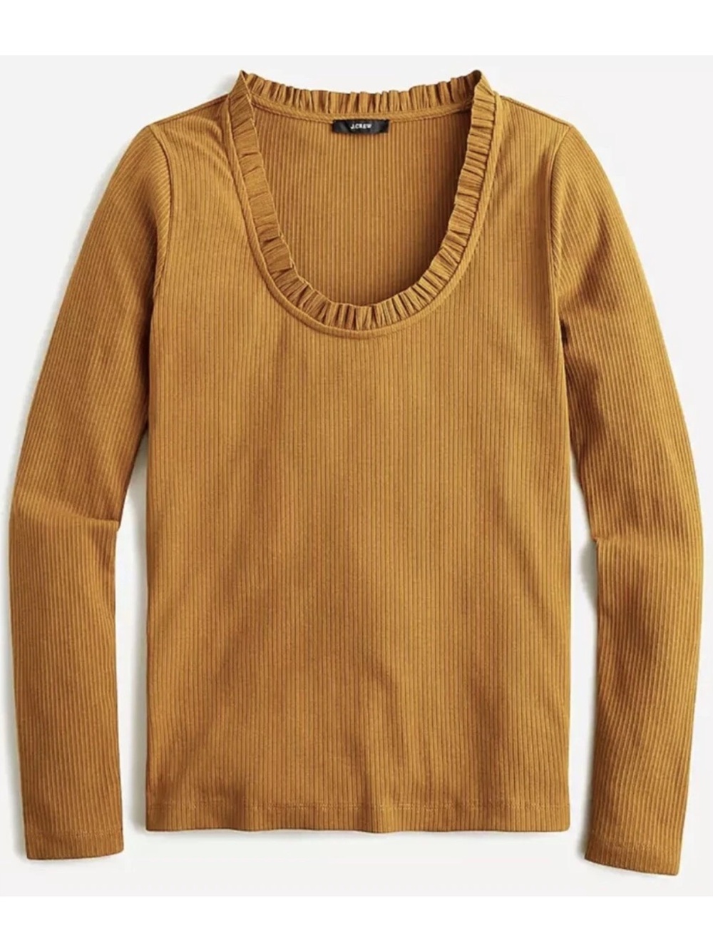 J. Crew Ribbed Ruffle Scoop-Neck Long Sleeve Top - Mustard Gold